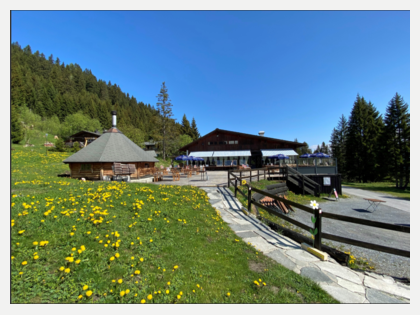 <p>Green meadow with yellow flowers and a small cottage on the terrace in front of the mining area. In the background, you can see pine trees and the sky is completely cloudless.</p> | © Bergbaiz
